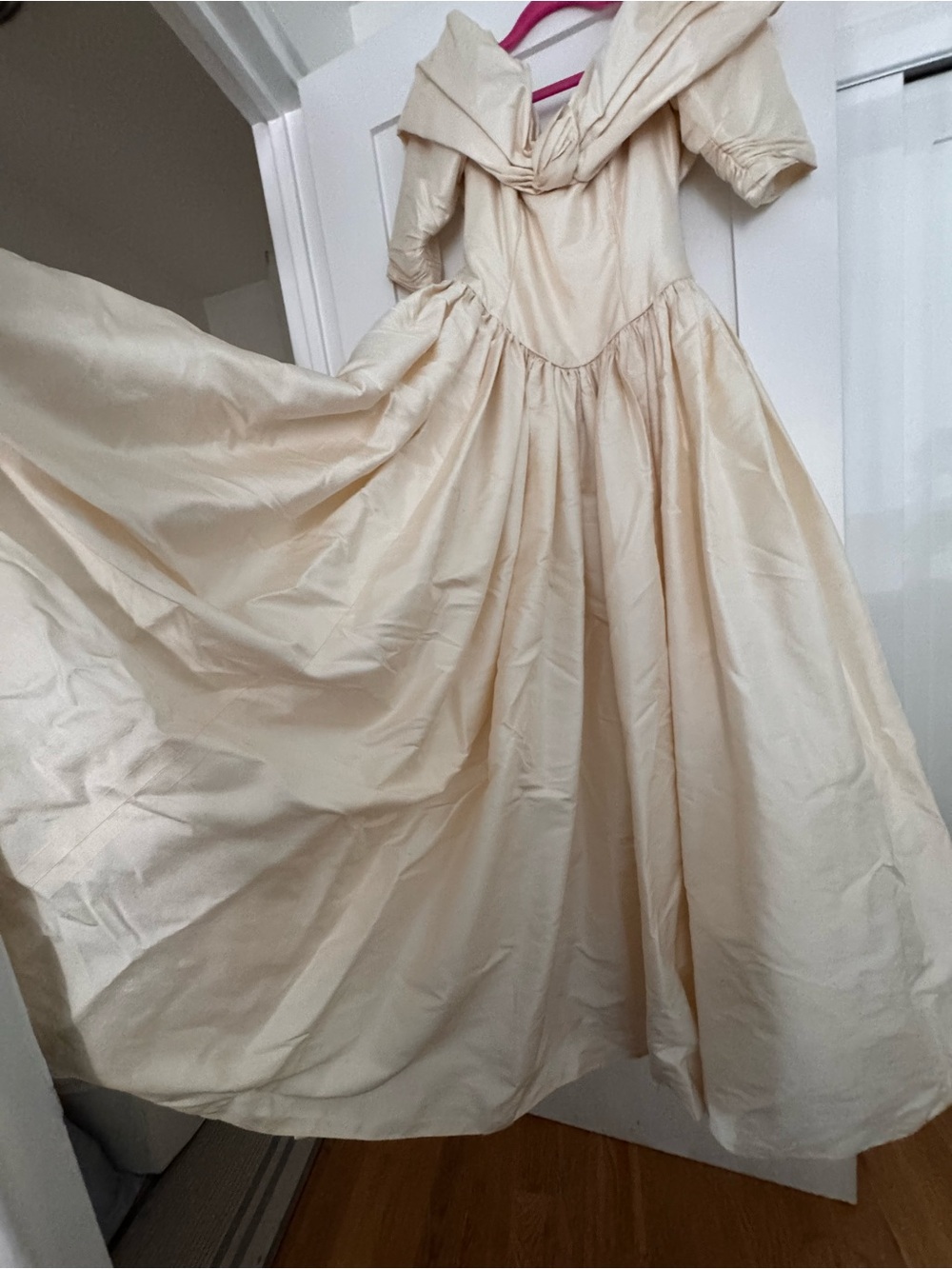 Anneleise Sharp London Elegant Cream Silk Off-the-Shoulder Full Skirt Dress.